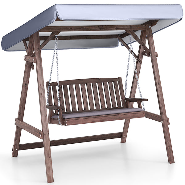 Full porch swing set with stand  tilt canopy  and cushion<br>Adjustable canopy shields you from the sun's scorching beams<br>Water-proof canopy crafted from silver-coated polyester<br>Robust A-shaped fir wood frame combines natural beauty with sturdiness<