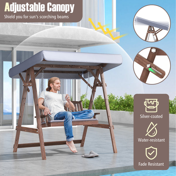 Full porch swing set with stand  tilt canopy  and cushion<br>Adjustable canopy shields you from the sun's scorching beams<br>Water-proof canopy crafted from silver-coated polyester<br>Robust A-shaped fir wood frame combines natural beauty with sturdiness<