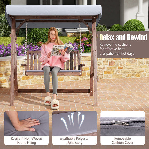 Full porch swing set with stand  tilt canopy  and cushion<br>Adjustable canopy shields you from the sun's scorching beams<br>Water-proof canopy crafted from silver-coated polyester<br>Robust A-shaped fir wood frame combines natural beauty with sturdiness<