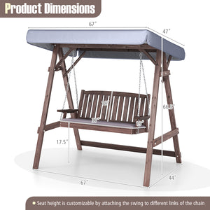 Full porch swing set with stand  tilt canopy  and cushion<br>Adjustable canopy shields you from the sun's scorching beams<br>Water-proof canopy crafted from silver-coated polyester<br>Robust A-shaped fir wood frame combines natural beauty with sturdiness<