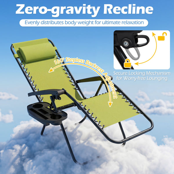 160Â° zero-gravity recline helps ease pressure for deeper relaxation<br>Secure locking mechanism for worry-free lounging<br>Breathable quick-dry fabric ensure long-lasting comfort and outdoor durability<br>Adjustable pillow works for head or lower-back su