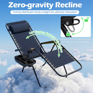 160Â° zero-gravity recline helps ease pressure for deeper relaxation<br>Secure locking mechanism for worry-free lounging<br>Breathable quick-dry fabric ensure long-lasting comfort and outdoor durability<br>Adjustable pillow works for head or lower-back su