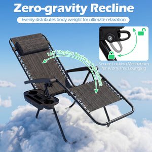 160Â° zero-gravity recline helps ease pressure for deeper relaxation<br>Secure locking mechanism for worry-free lounging<br>Breathable quick-dry fabric ensure long-lasting comfort and outdoor durability<br>Adjustable pillow works for head or lower-back su