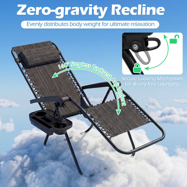 160Â° zero-gravity recline helps ease pressure for deeper relaxation<br>Secure locking mechanism for worry-free lounging<br>Breathable quick-dry fabric ensure long-lasting comfort and outdoor durability<br>Adjustable pillow works for head or lower-back su