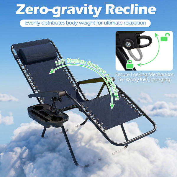 160Â° zero-gravity recline helps ease pressure for deeper relaxation<br>Secure locking mechanism for worry-free lounging<br>Breathable quick-dry fabric ensure long-lasting comfort and outdoor durability<br>Adjustable pillow works for head or lower-back su