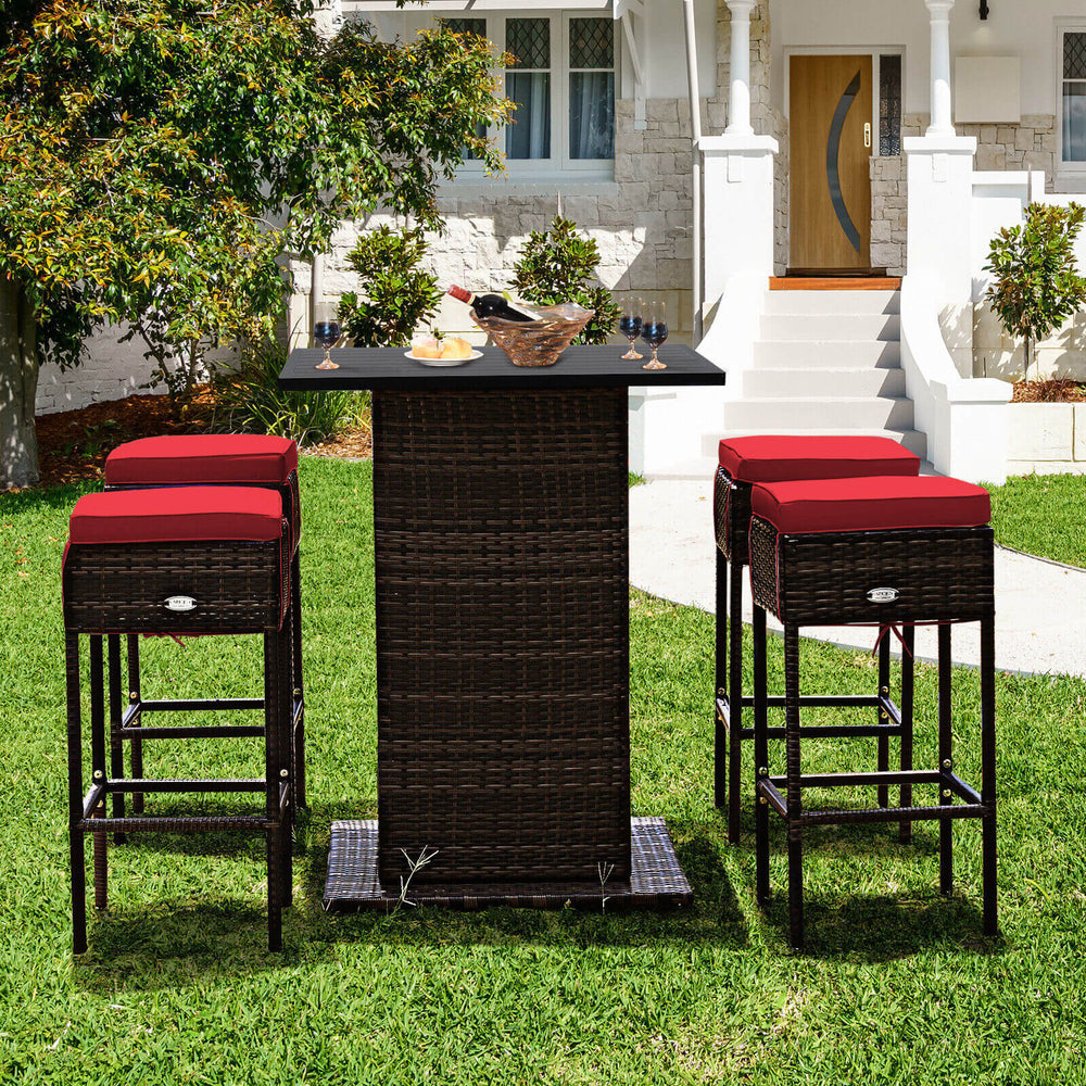 Enjoys outdoor leisure time with this 5-piece wicker bar set<br>Bar table with hidden storage space for storing different items with ease<br>Offers comfortable sitting experience with ergonomic stools with footrest<br>The waterproof cushion cover can be r