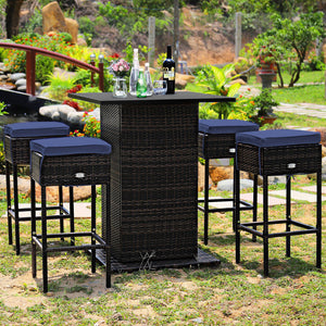 Enjoys outdoor leisure time with this 5-piece wicker bar set<br>Bar table with hidden storage space for storing different items with ease<br>Offers comfortable sitting experience with ergonomic stools with footrest<br>The waterproof cushion cover can be r