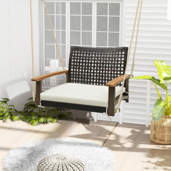 Soft padded cushion for a comfy sitting experience<br>Prevent cushion from sliding with fixing straps<br>Cushion cover with smooth zipper for easy cleaning<br>Please always keep the cushion dry to prolong service time<br>Curved backrest and acacia wood ar