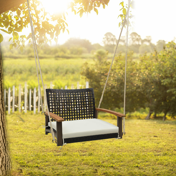 Soft padded cushion for a comfy sitting experience<br>Prevent cushion from sliding with fixing straps<br>Cushion cover with smooth zipper for easy cleaning<br>Please always keep the cushion dry to prolong service time<br>Curved backrest and acacia wood ar