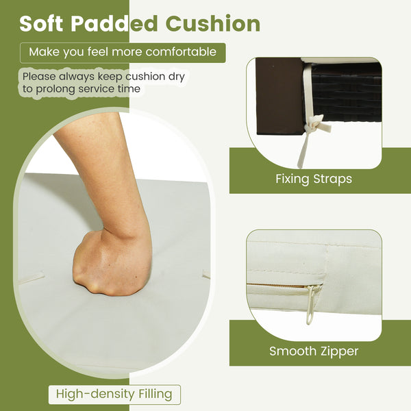 Soft padded cushion for a comfy sitting experience<br>Prevent cushion from sliding with fixing straps<br>Cushion cover with smooth zipper for easy cleaning<br>Please always keep the cushion dry to prolong service time<br>Curved backrest and acacia wood ar