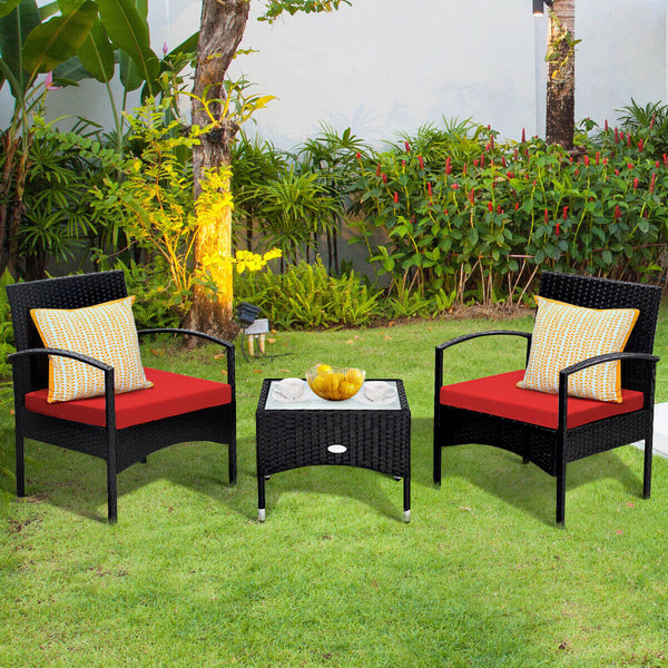 Durable and sturdy rattan and steel materials for long service time <br>Thick sponged cushion is soft and the cover is washable <br>Weatherproof materials ensure the furniture set is placed outside all year around <br>The coffee table has a tempered glass