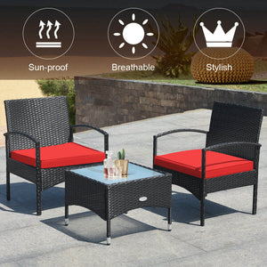 Durable and sturdy rattan and steel materials for long service time <br>Thick sponged cushion is soft and the cover is washable <br>Weatherproof materials ensure the furniture set is placed outside all year around <br>The coffee table has a tempered glass
