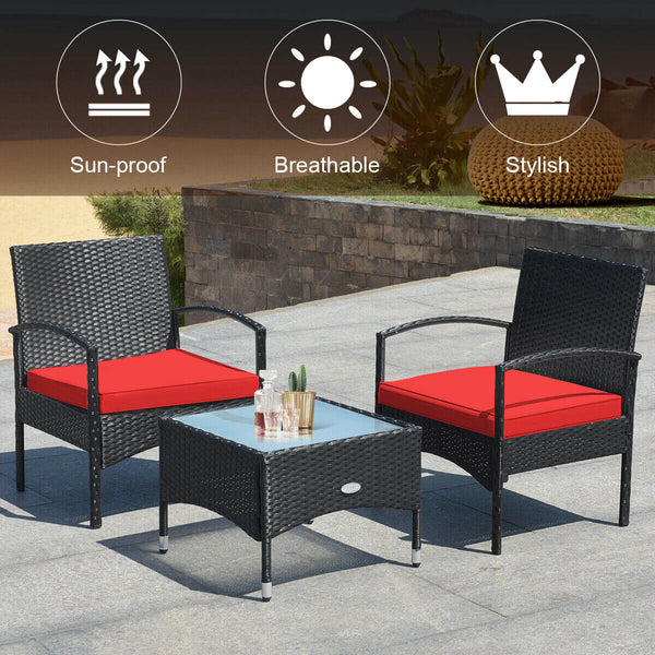 Durable and sturdy rattan and steel materials for long service time <br>Thick sponged cushion is soft and the cover is washable <br>Weatherproof materials ensure the furniture set is placed outside all year around <br>The coffee table has a tempered glass