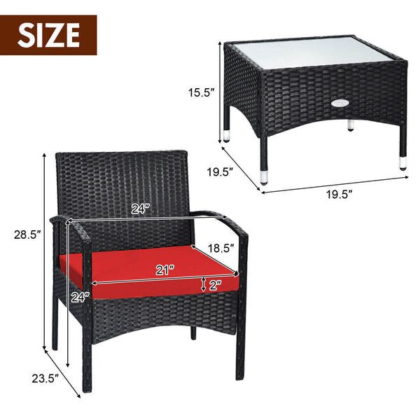 Durable and sturdy rattan and steel materials for long service time <br>Thick sponged cushion is soft and the cover is washable <br>Weatherproof materials ensure the furniture set is placed outside all year around <br>The coffee table has a tempered glass