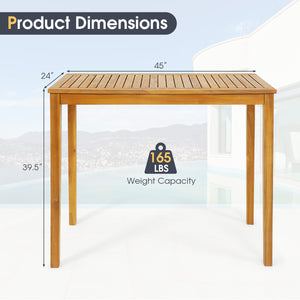 Multiple uses like dining  chatting  drinking  etc.<br>Acacia wood frame for long-lasting outdoor use<br>Reinforced crossbar and thick legs add stability<br>Spacious tabletop for your foods and beverages<br>Ideal for patio  deck  balcony  garden and more<
