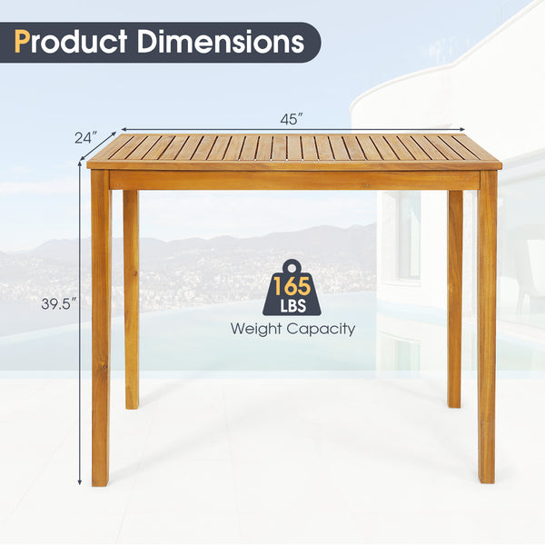 Multiple uses like dining  chatting  drinking  etc.<br>Acacia wood frame for long-lasting outdoor use<br>Reinforced crossbar and thick legs add stability<br>Spacious tabletop for your foods and beverages<br>Ideal for patio  deck  balcony  garden and more<