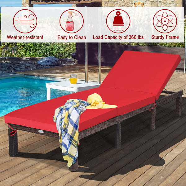 Crafted with weather resistant and hand-woven PE rattan<br>6 adjustable reclining positions meet various needs<br>Thick padded cushion is comfortable to sit or lie on<br>Waterproof cushion cover is removable for washing<br>Stable metal frame features larg