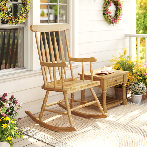 Crafted of solid rubber wood to ensure sturdiness and durability<br>Contoured slatted back to promote the heat dissipation<br>Curved armrest and high backrest to provide optimal sitting feeling<br>Four-supporting points for safe rocking radian and good st
