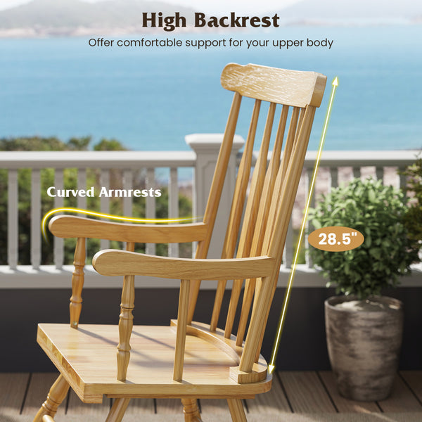 Crafted of solid rubber wood to ensure sturdiness and durability<br>Contoured slatted back to promote the heat dissipation<br>Curved armrest and high backrest to provide optimal sitting feeling<br>Four-supporting points for safe rocking radian and good st