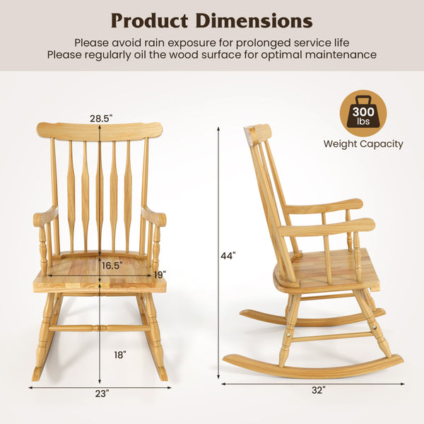 Crafted of solid rubber wood to ensure sturdiness and durability<br>Contoured slatted back to promote the heat dissipation<br>Curved armrest and high backrest to provide optimal sitting feeling<br>Four-supporting points for safe rocking radian and good st