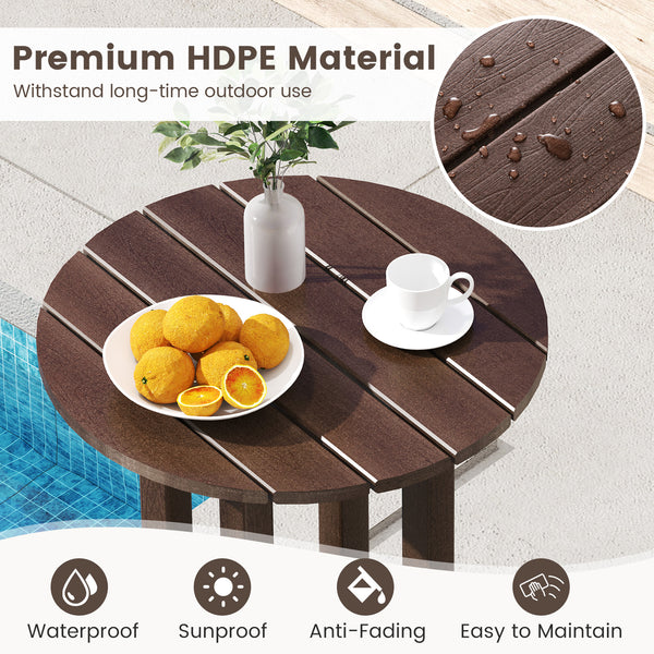 Made of weatherproof HDPE for long-time use<br>Stainless steel screws withstand extended use<br>Reinforced crossbars for strengthened structure<br>21.5" tabletop offers ample space for food and drinks<br>Slatted design for simple maintenance and more eleg