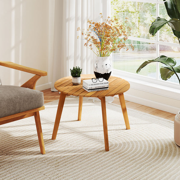 Made of natural acacia wood for long-lasting use<br>Wide slatted tabletop to keep daily items within reach<br>Reinforced X-shaped structure for great support<br>Firm bolt connection ensures reliable construction<br>Natural appearance adds a touch of charm