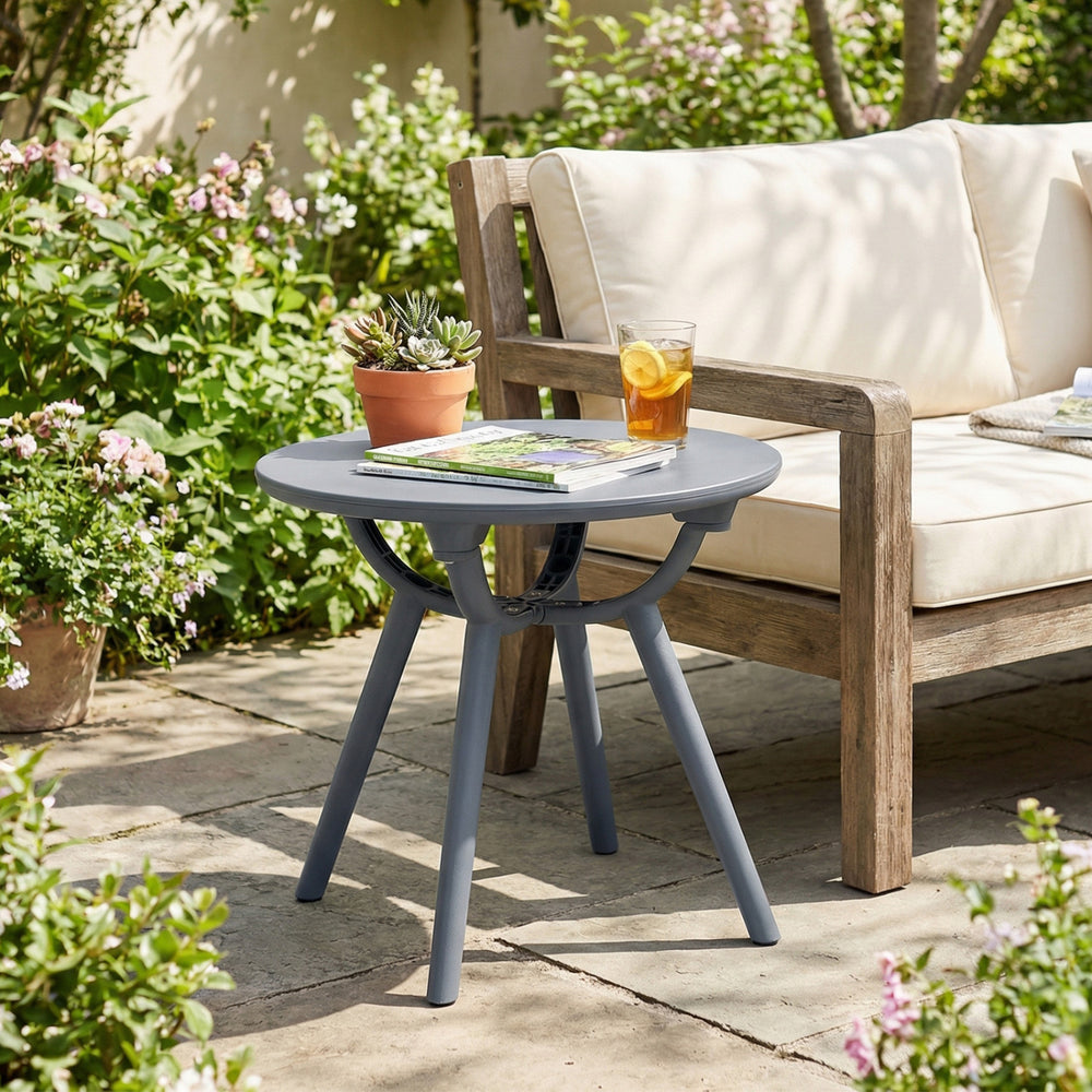 20" spacious round tabletop keeps your belongings organized and within easy reach<br>Provide space for the beverage  snack  magazine  coffee cup and potted plant<br>Crafted from premium PP and ABS materials for sun-protective and waterproof use<br>Rounded