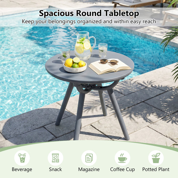 20" spacious round tabletop keeps your belongings organized and within easy reach<br>Provide space for the beverage  snack  magazine  coffee cup and potted plant<br>Crafted from premium PP and ABS materials for sun-protective and waterproof use<br>Rounded