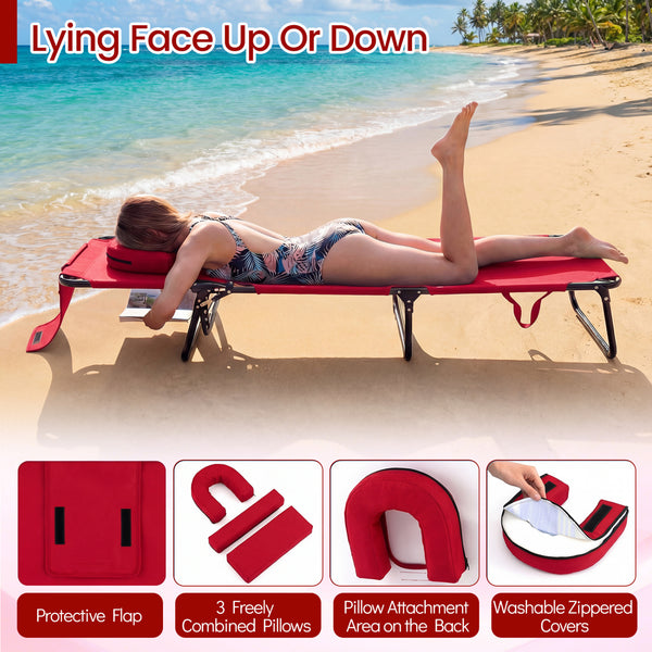 Adjustable backrest for sunbathing  sleeping  resting  reading and more<br>3 detachable pillows for free combinations and have zippers for easy cleaning<br>Face hole for lying face down during sunbathing<br>Reinforced metal tubes for strong support of 330