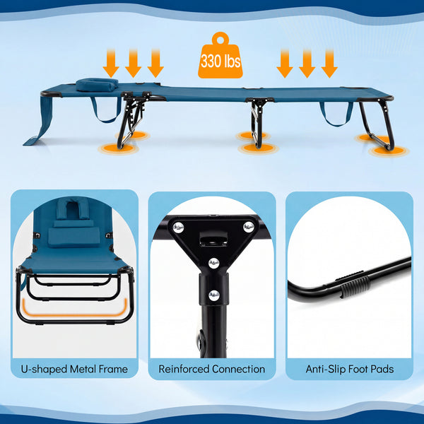 Adjustable backrest for sunbathing  sleeping  resting  reading and more<br>3 detachable pillows for free combinations and have zippers for easy cleaning<br>Face hole for lying face down during sunbathing<br>Reinforced metal tubes for strong support of 330