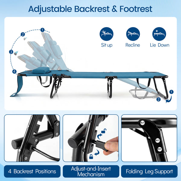 Adjustable backrest for sunbathing  sleeping  resting  reading and more<br>3 detachable pillows for free combinations and have zippers for easy cleaning<br>Face hole for lying face down during sunbathing<br>Reinforced metal tubes for strong support of 330