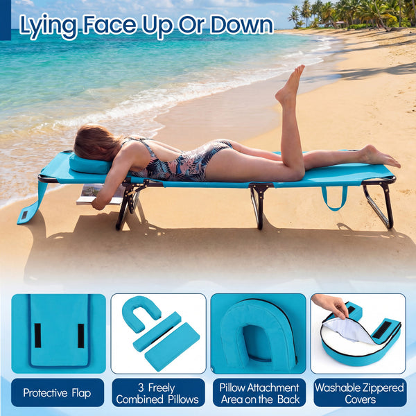 Adjustable backrest for sunbathing  sleeping  resting  reading and more<br>3 detachable pillows for free combinations and have zippers for easy cleaning<br>Face hole for lying face down during sunbathing<br>Reinforced metal tubes for strong support of 330