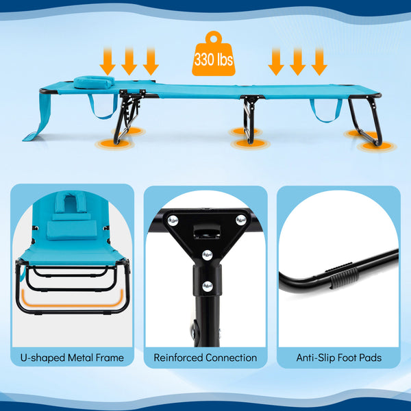 Adjustable backrest for sunbathing  sleeping  resting  reading and more<br>3 detachable pillows for free combinations and have zippers for easy cleaning<br>Face hole for lying face down during sunbathing<br>Reinforced metal tubes for strong support of 330