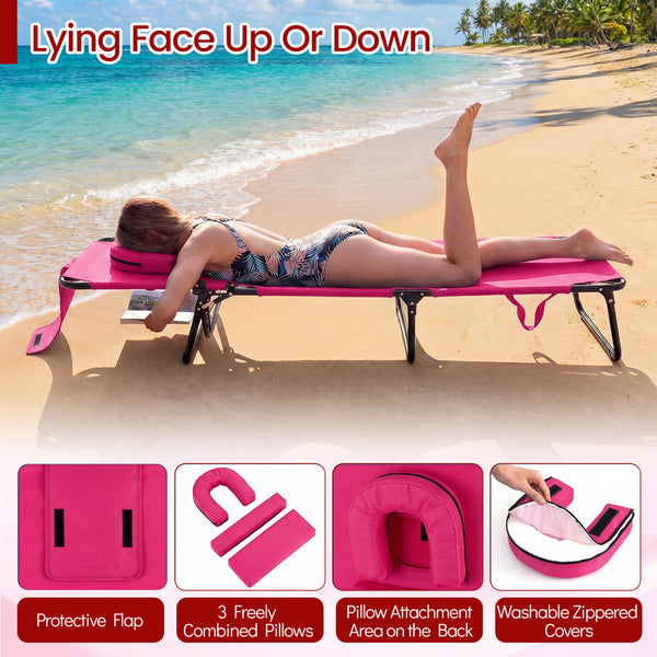Adjustable backrest for sunbathing  sleeping  resting  reading and more<br>3 detachable pillows for free combinations and have zippers for easy cleaning<br>Face hole for lying face down during sunbathing<br>Reinforced metal tubes for strong support of 330
