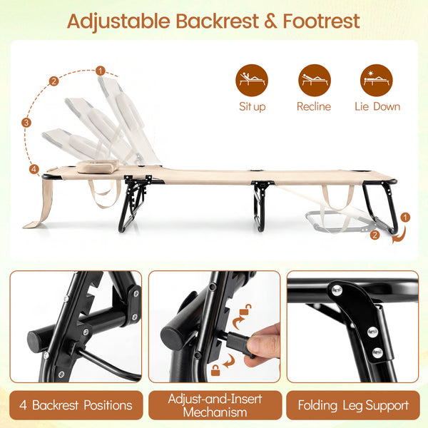Adjustable backrest for sunbathing  sleeping  resting  reading and more<br>3 detachable pillows for free combinations and have zippers for easy cleaning<br>Face hole for lying face down during sunbathing<br>Reinforced metal tubes for strong support of 330