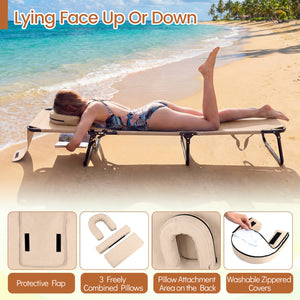 Adjustable backrest for sunbathing  sleeping  resting  reading and more<br>3 detachable pillows for free combinations and have zippers for easy cleaning<br>Face hole for lying face down during sunbathing<br>Reinforced metal tubes for strong support of 330