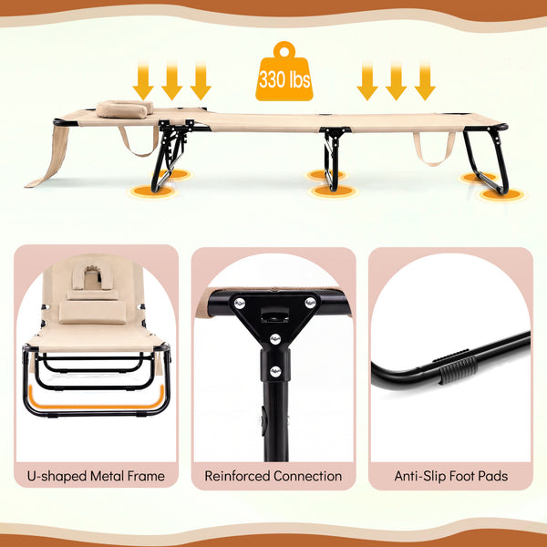 Adjustable backrest for sunbathing  sleeping  resting  reading and more<br>3 detachable pillows for free combinations and have zippers for easy cleaning<br>Face hole for lying face down during sunbathing<br>Reinforced metal tubes for strong support of 330