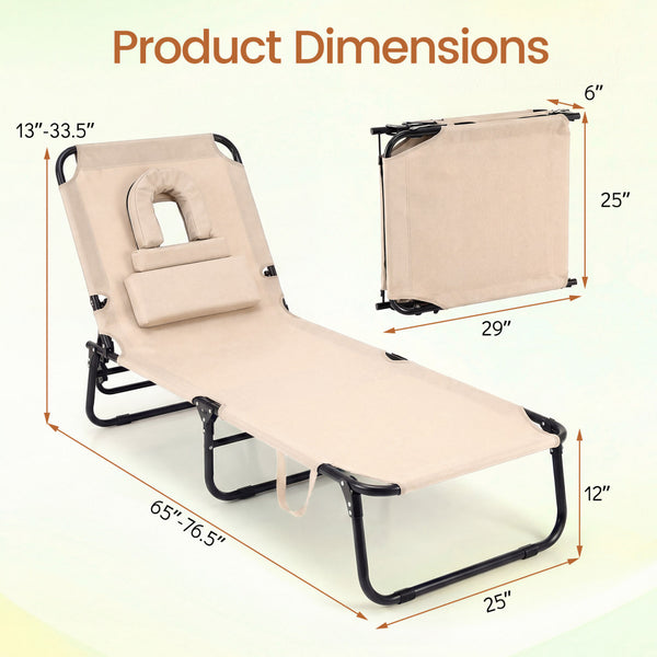 Adjustable backrest for sunbathing  sleeping  resting  reading and more<br>3 detachable pillows for free combinations and have zippers for easy cleaning<br>Face hole for lying face down during sunbathing<br>Reinforced metal tubes for strong support of 330