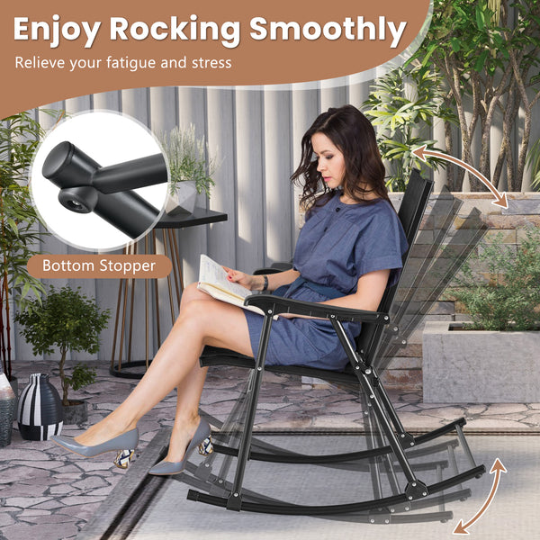Ergonomic seat with curved armrests for much comfort<br>Smooth and stable rocking makes you more relaxed<br>Rip resistant and anti-fading seat fabric for long-time use<br>Seat fabric is also breathable and quick-drying<br>Heavy-duty metal frame for strong