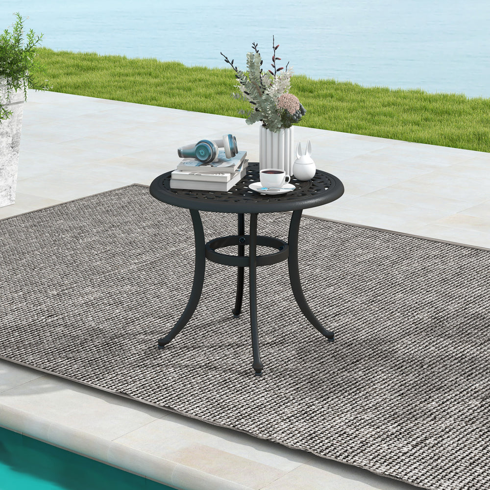 Made of sturdy and rustproof cast aluminumÂ <br>Weighs only 11 lbs per table  easy to carry<br>Sturdy retaining ring for higher stability<br>Adjustable footpads avoid any wobbling<br>Classic appearance with elegant patterns<br>Antique brown finish for mor