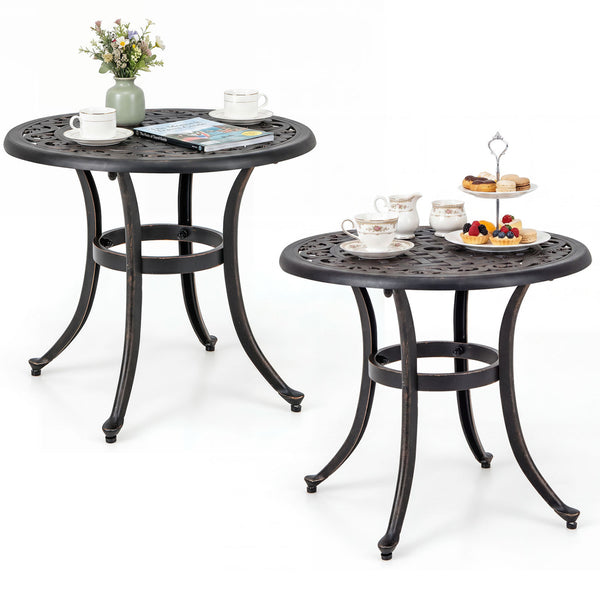Made of sturdy and rustproof cast aluminumÂ <br>Weighs only 11 lbs per table  easy to carry<br>Sturdy retaining ring for higher stability<br>Adjustable footpads avoid any wobbling<br>Classic appearance with elegant patterns<br>Antique brown finish for mor