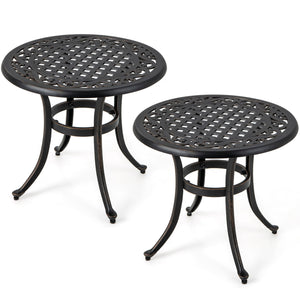 Made of sturdy and rustproof cast aluminumÂ <br>Weighs only 11 lbs per table  easy to carry<br>Sturdy retaining ring for higher stability<br>Adjustable footpads avoid any wobbling<br>Classic appearance with elegant patterns<br>Antique brown finish for mor