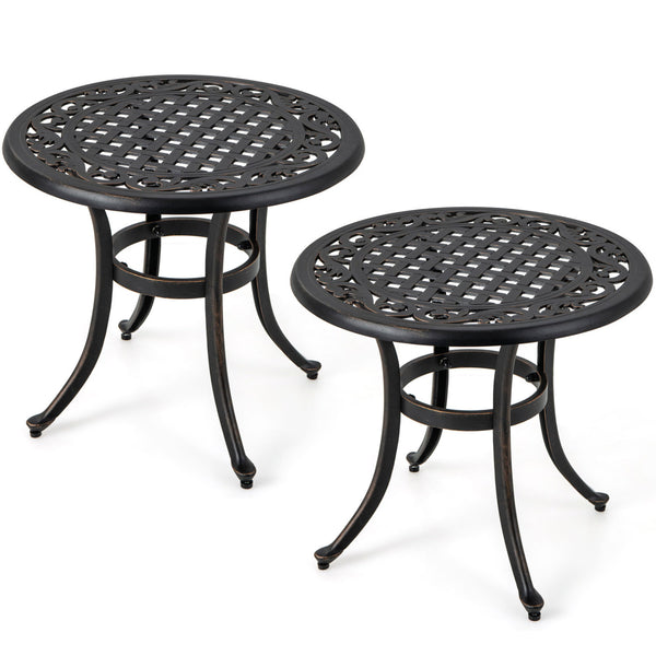 Made of sturdy and rustproof cast aluminumÂ <br>Weighs only 11 lbs per table  easy to carry<br>Sturdy retaining ring for higher stability<br>Adjustable footpads avoid any wobbling<br>Classic appearance with elegant patterns<br>Antique brown finish for mor