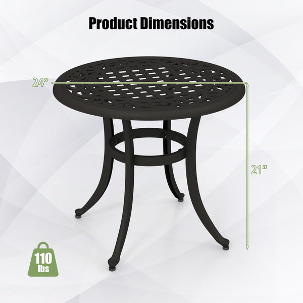 Made of sturdy and rustproof cast aluminumÂ <br>Weighs only 11 lbs per table  easy to carry<br>Sturdy retaining ring for higher stability<br>Adjustable footpads avoid any wobbling<br>Classic appearance with elegant patterns<br>Antique brown finish for mor