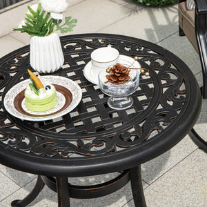 Made of sturdy and rustproof cast aluminumÂ <br>Weighs only 11 lbs per table  easy to carry<br>Sturdy retaining ring for higher stability<br>Adjustable footpads avoid any wobbling<br>Classic appearance with elegant patterns<br>Antique brown finish for mor