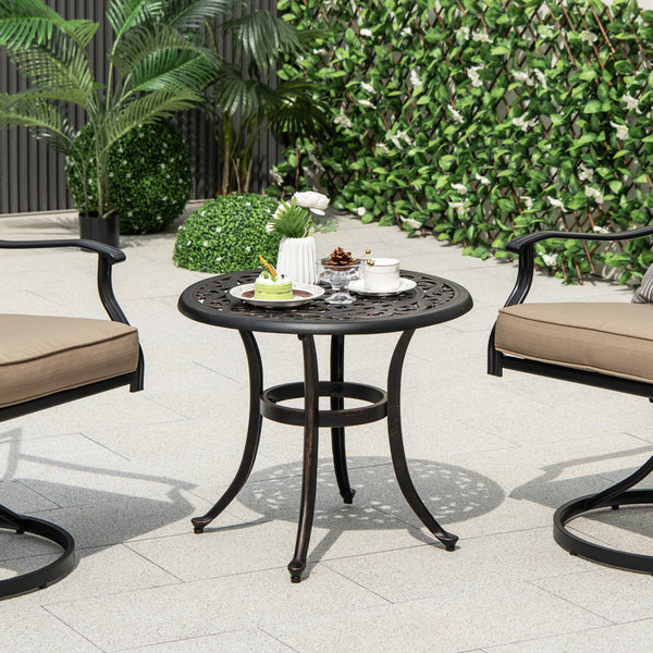 Made of sturdy and rustproof cast aluminumÂ <br>Weighs only 11 lbs per table  easy to carry<br>Sturdy retaining ring for higher stability<br>Adjustable footpads avoid any wobbling<br>Classic appearance with elegant patterns<br>Antique brown finish for mor