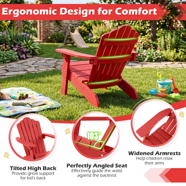 All-weather HIPS material with exquisite craftsmanship is sun-protective and fade-resistant<br>Tilted high back to provide great support to kid's back<br>Perfectly angled seat to effectively guide the waist against the backrest<br>Widened armrests help ch