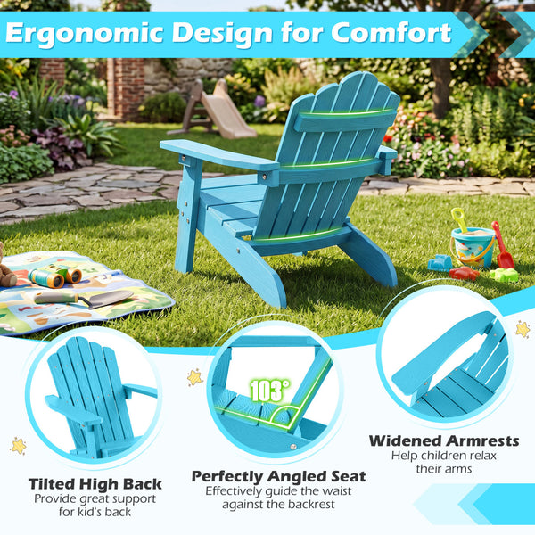 All-weather HIPS material with exquisite craftsmanship is sun-protective and fade-resistant<br>Tilted high back to provide great support to kid's back<br>Perfectly angled seat to effectively guide the waist against the backrest<br>Widened armrests help ch