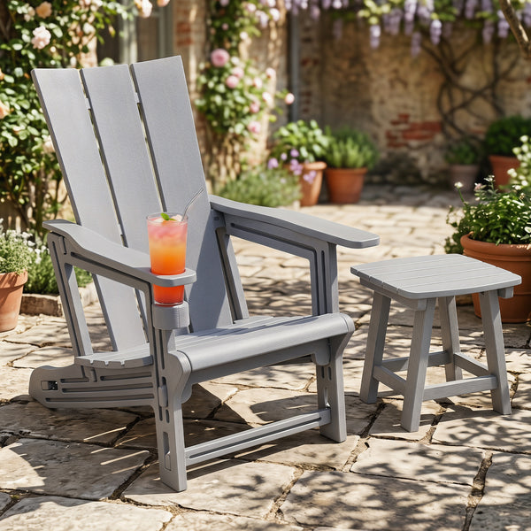 Curved backrest offers enhanced support for your back and shoulders<br>With wide armrests for added comfort and support<br>Built-in cup holder keeps your drink within easy reach<br>HDPE material is sun-protective  fade-resistant  waterproof  built to last