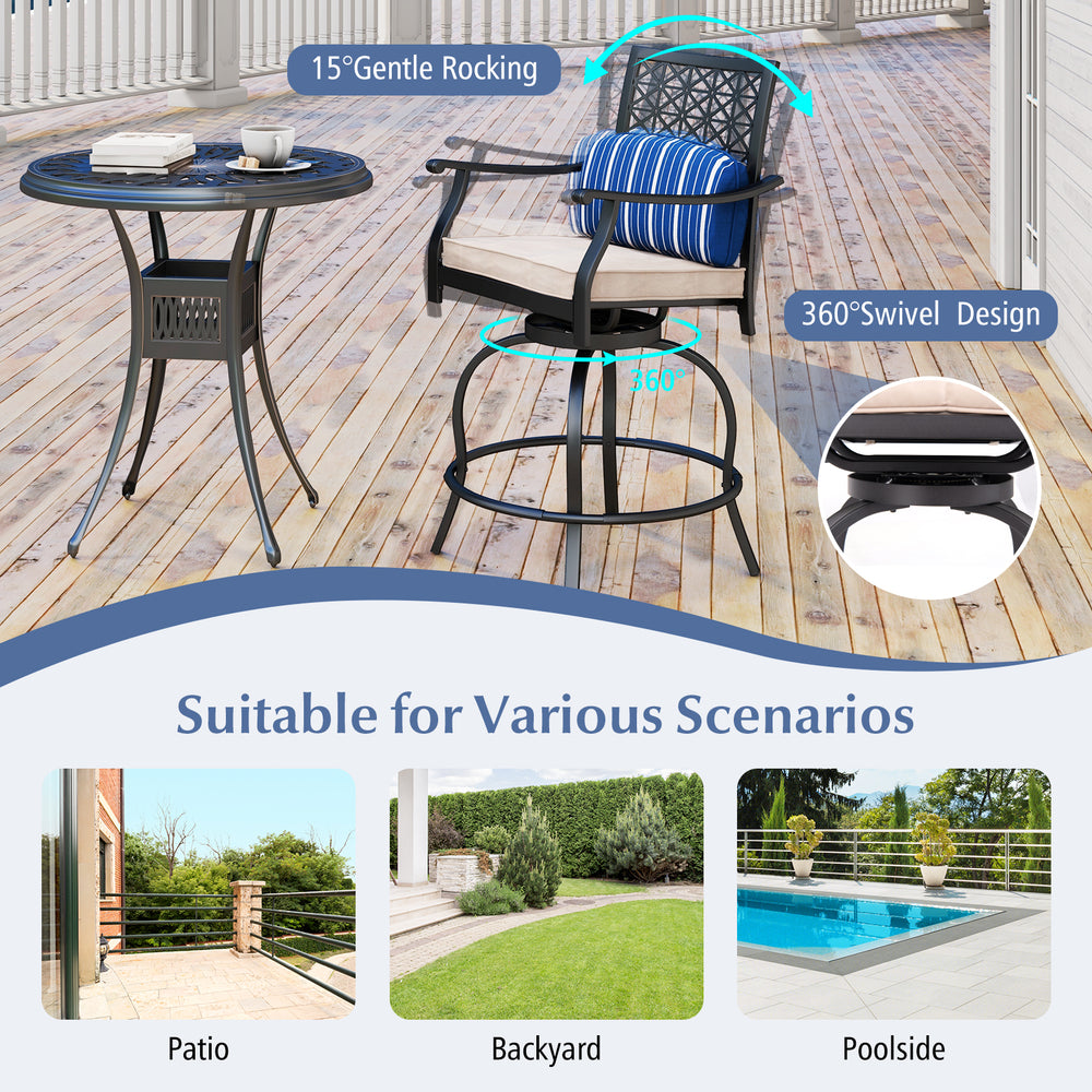 Are you looking for a patio chair set for your outdoor place? These 2-piece swivel bar height chairs will expand both your living and entertaining space outside your home. Â  These patio swivel chairs are made of sturdy steel frames with rust-resistant po
